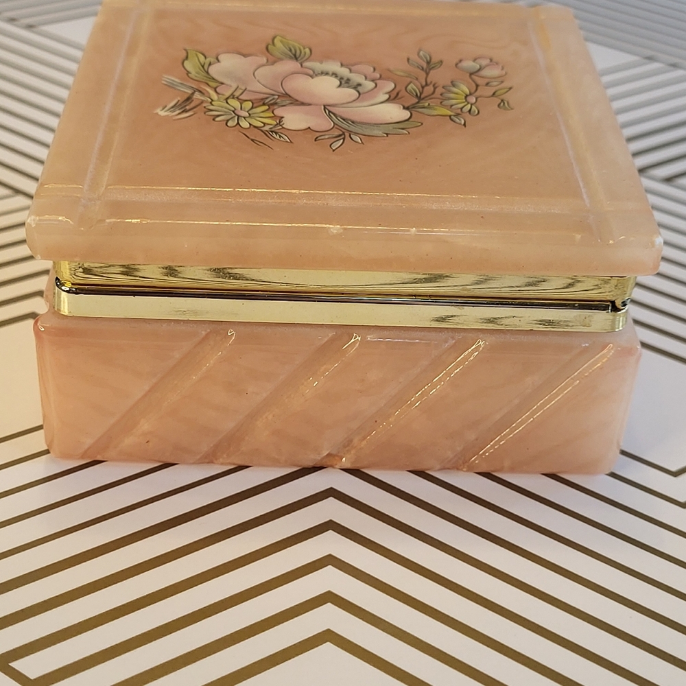 VTG Genuine Alabaster Stone Square Trinket Jewelry Box Hinged Peach Floral Brass - Picture 2 of 15